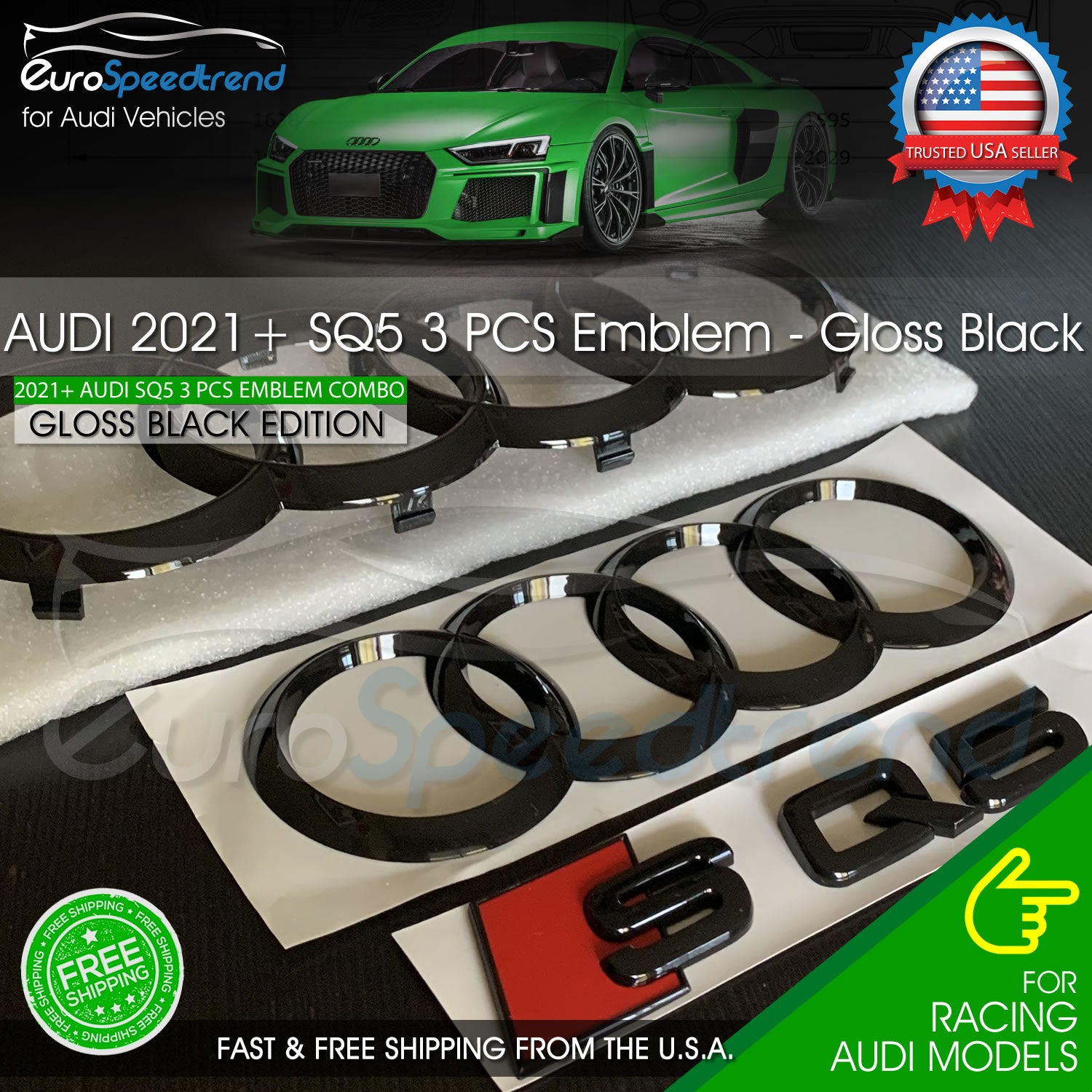 Audi SQ5 Rings Emblem Gloss Black Front Grill Rear Trunk 3PC