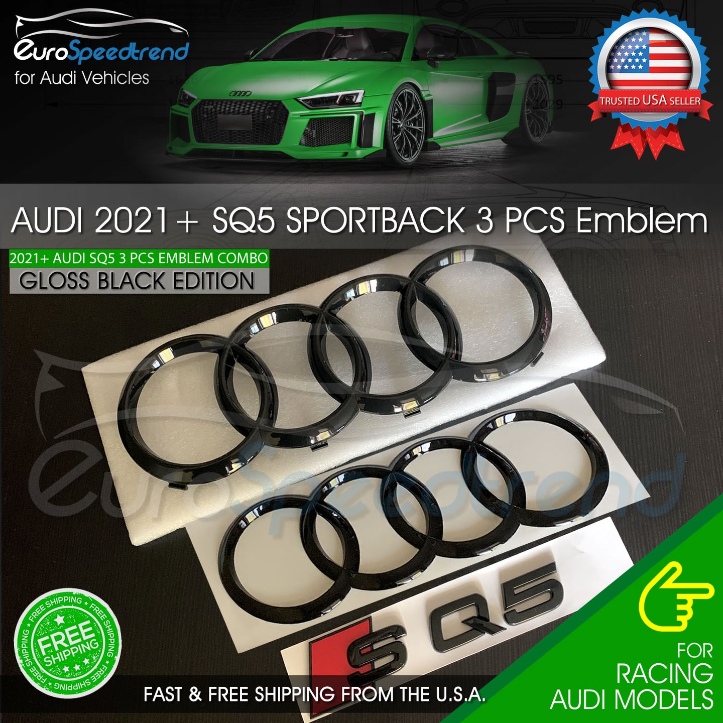 Audi SQ5 Sportback Rings Emblem Gloss Black Front Rear Trunk Badge OE 3PC 2021+