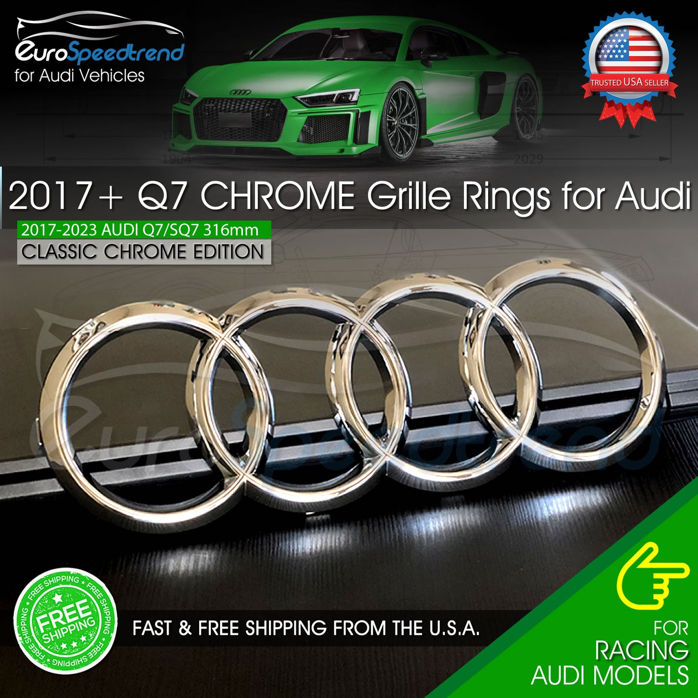 Audi Q7 Front Grille Chrome Rings Emblem 2017 - 2023 4M0-853-605-2ZZ 316MM OE
