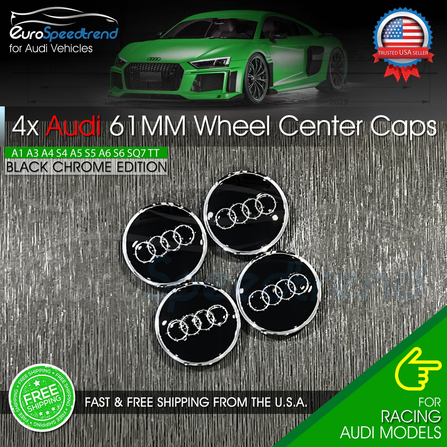 61mm Audi Black Chrome Wheel Rim Center Hub Caps Emblem 4PC Set 8W0601170JG3 OE