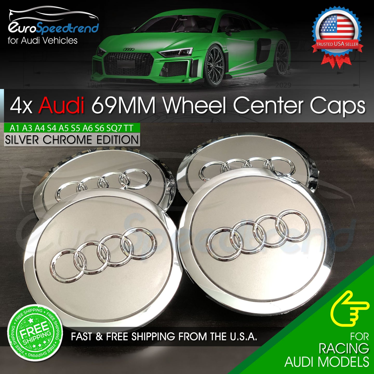 Audi 69mm Silver Chrome Wheel Rim Center Hub Caps Emblem 4PC Set 4B0601170A