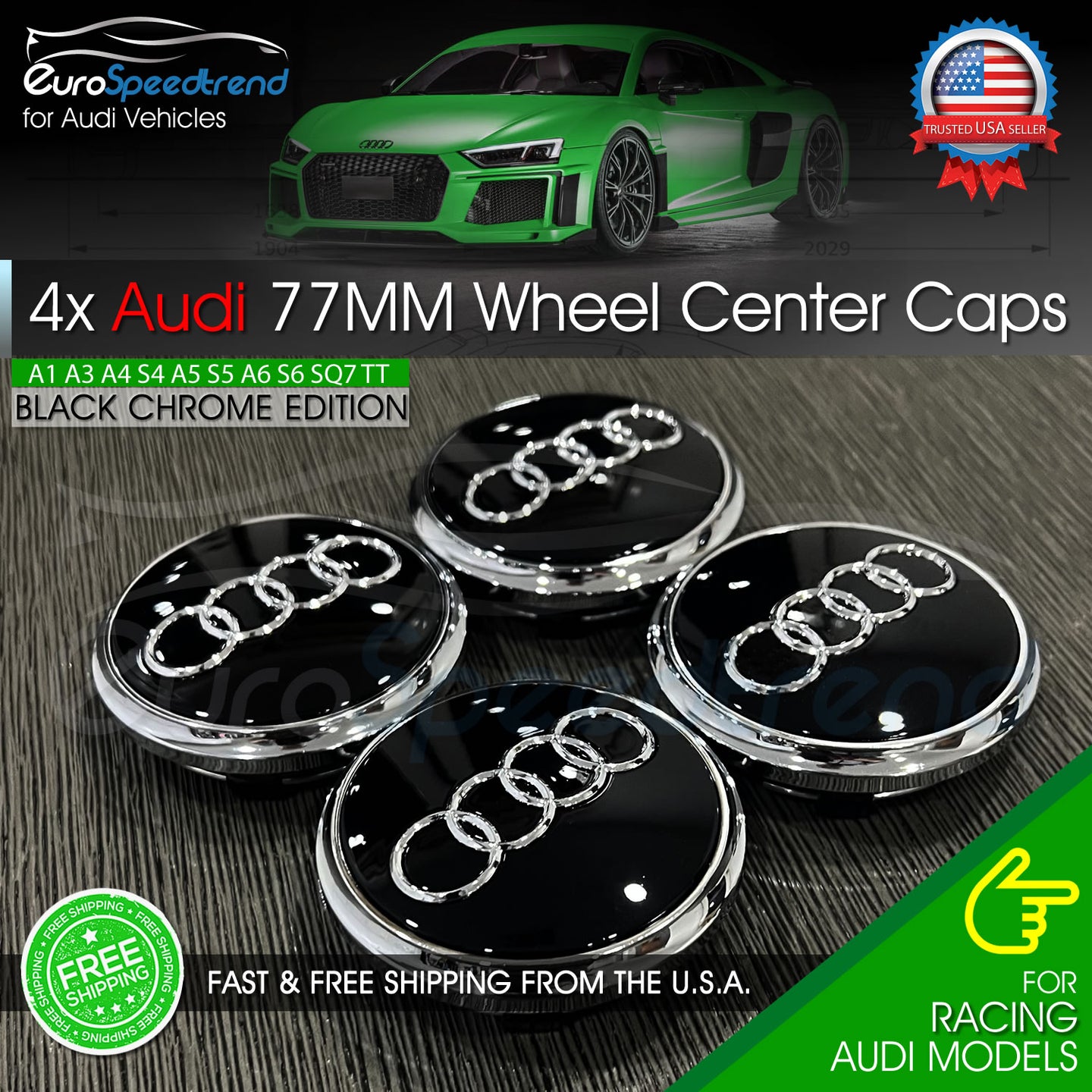 77mm Audi Black Chrome Wheel Rim Center Hub Caps Emblem 4PC Set 4L0601170 OE