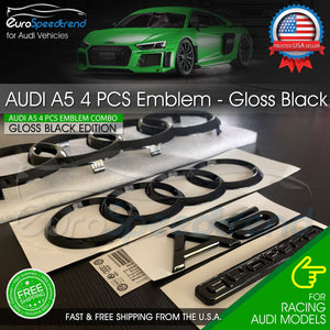 Audi A5 Front Rear Rings Emblem Gloss Black Trunk Logo Quattro Badge Set OE 4PC