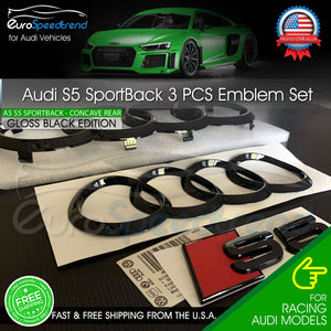 Audi S5 Sportback Front Rear Curve Rings Emblem Gloss Black Logo Badge Set OE 3P