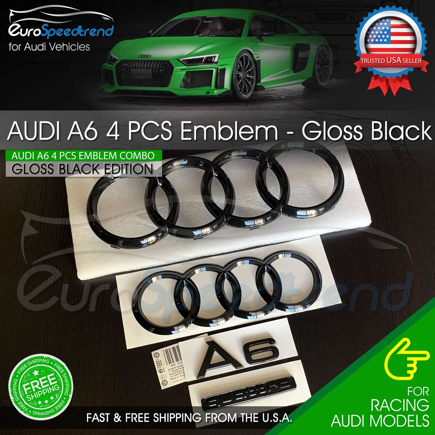 Audi A6 Front Rear Rings Emblem Gloss Black Trunk Logo Quattro Badge Set OE 4PC
