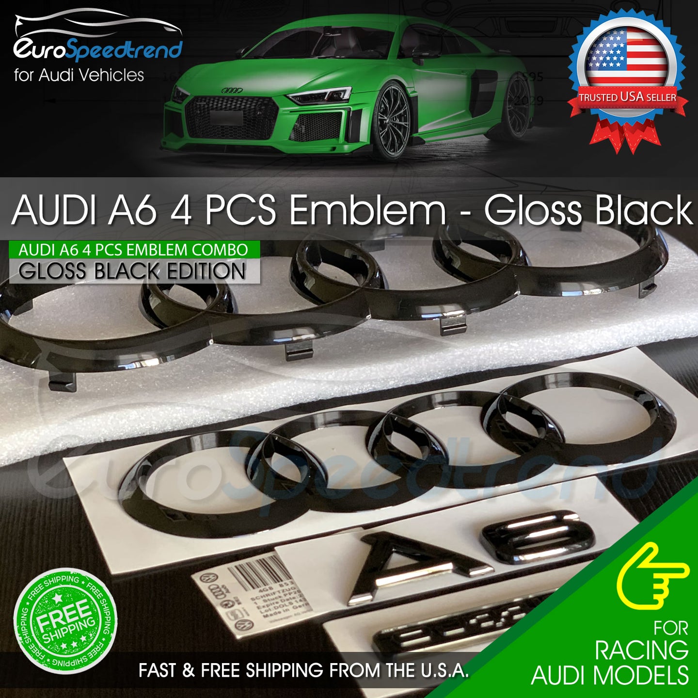 2020 Audi A6 Front Rear Rings Emblem Gloss Black Quattro Trunk Badge Set OE 4PC