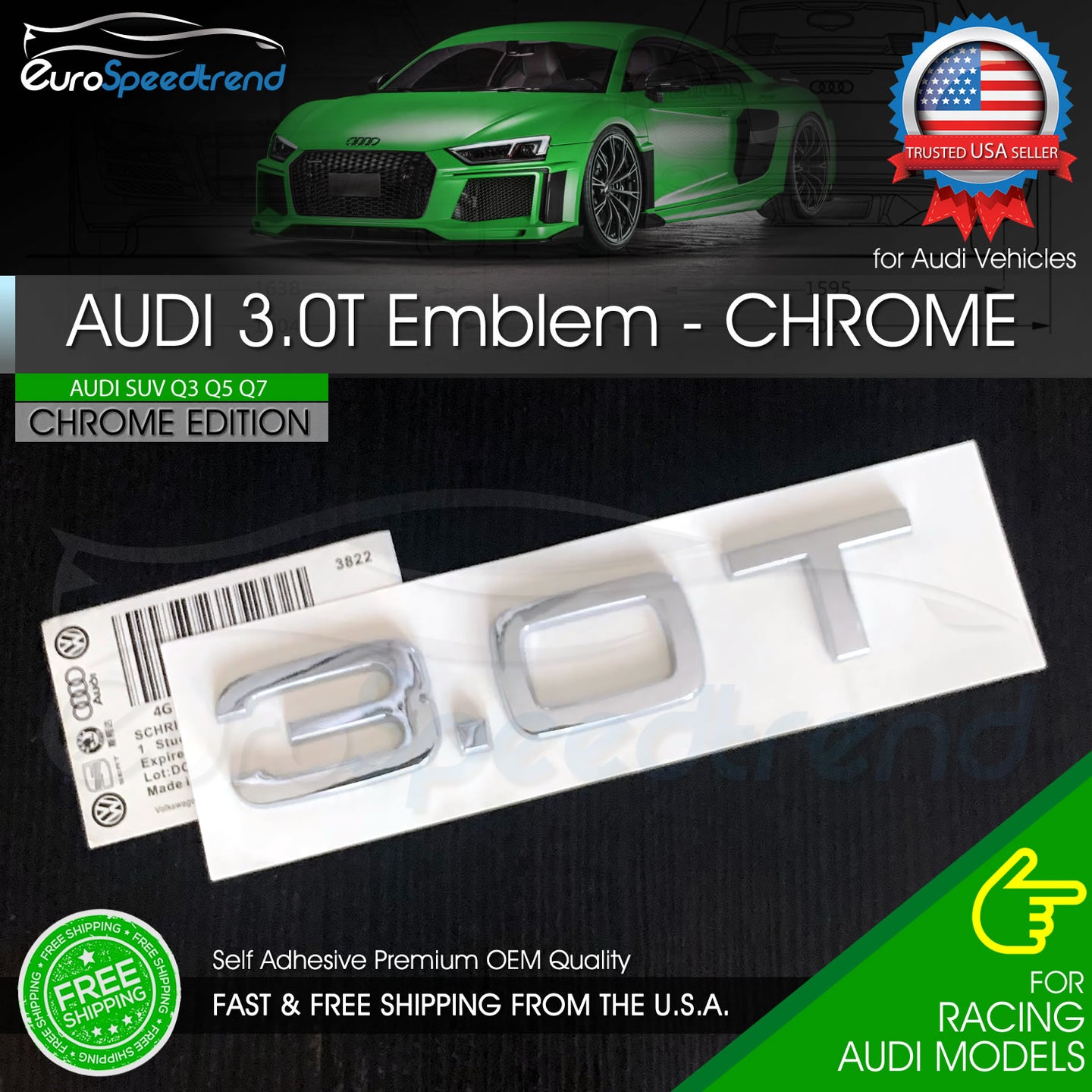 3.0T Chrome 3D Trunk Badge for Audi Nameplate OEM SUV Q5 Q7 S Line