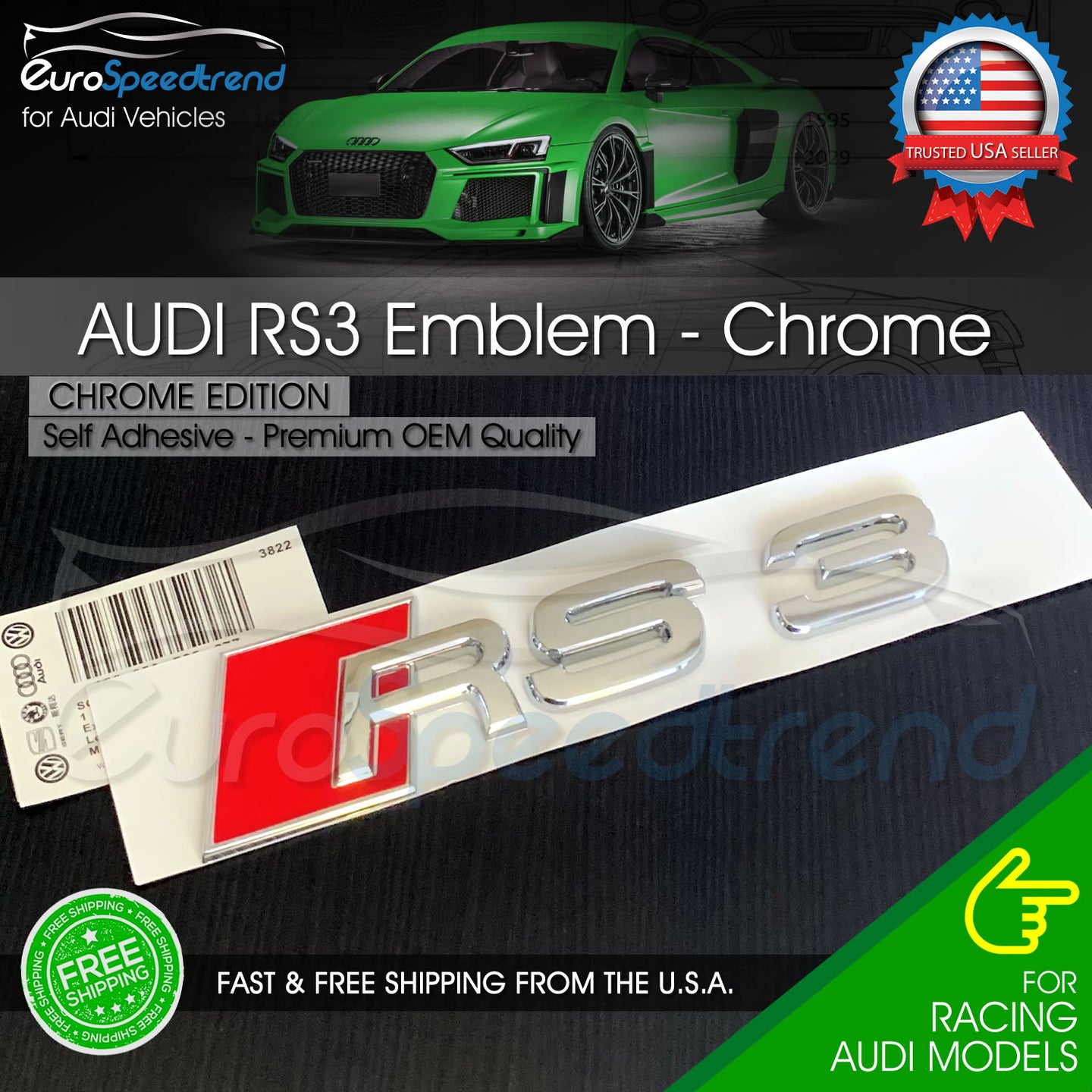 Audi RS3 Chrome Emblem 3D Badge Rear Trunk Tailgate for Audi RS3 S3 Logo A3
