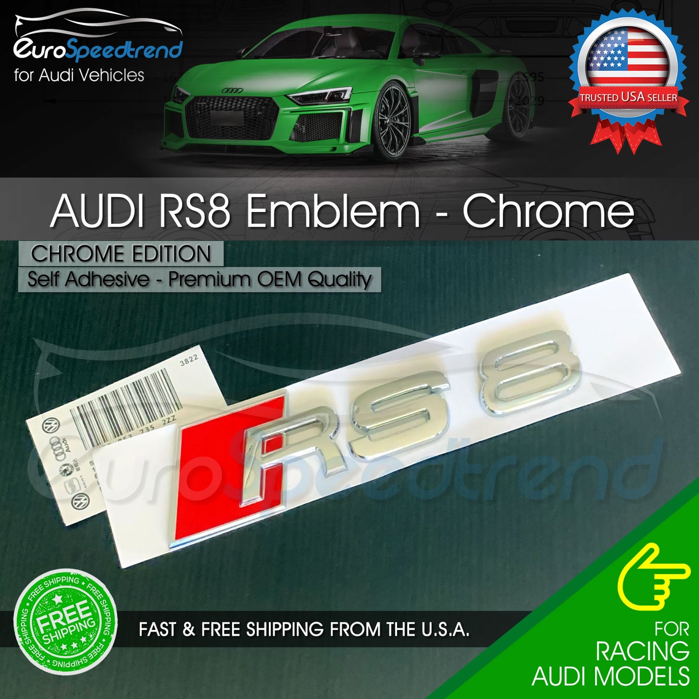 Audi RS8 Chrome Emblem 3D Badge Rear Trunk Tailgate for Audi RS8 S8 Logo A8