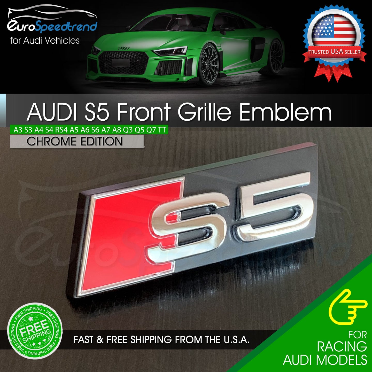Audi S5 Front Grill Emblem Chrome fit A5 S5 Hood Grille Badge Nameplate OE Spec