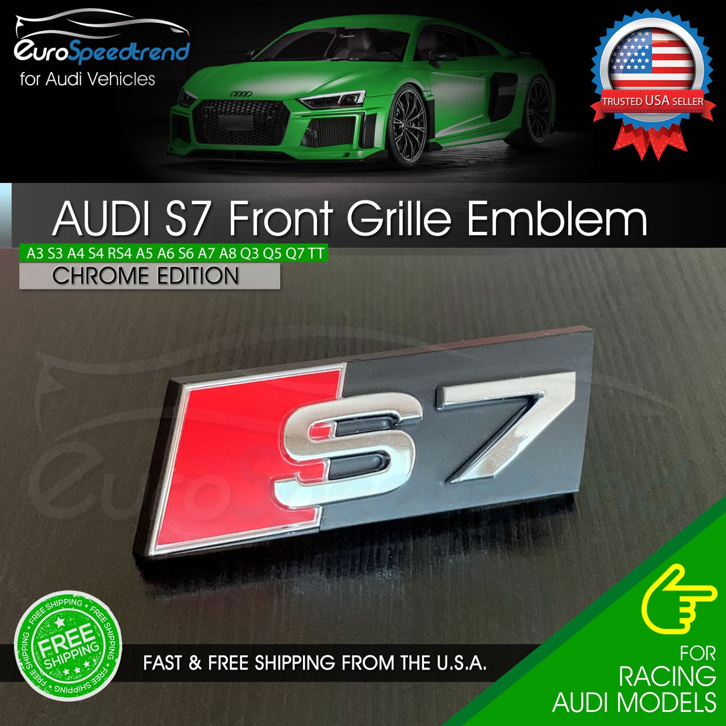 Audi S7 Front Grill Emblem Chrome fit A7 S7 Hood Grille Badge Nameplate OE