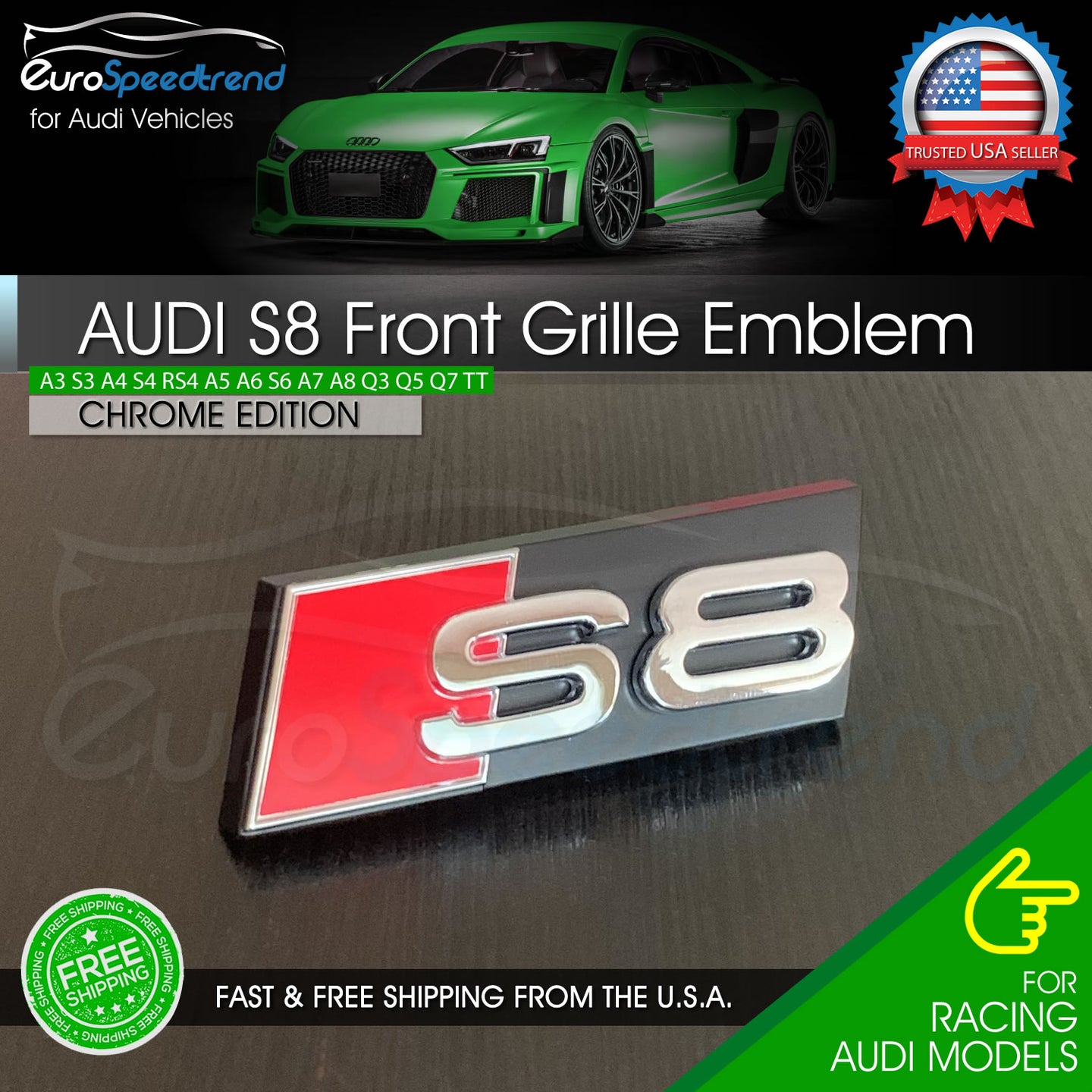 Audi S8 Front Grill Emblem Chrome fit A8 S8 Hood Grille Badge Nameplate OE Spec