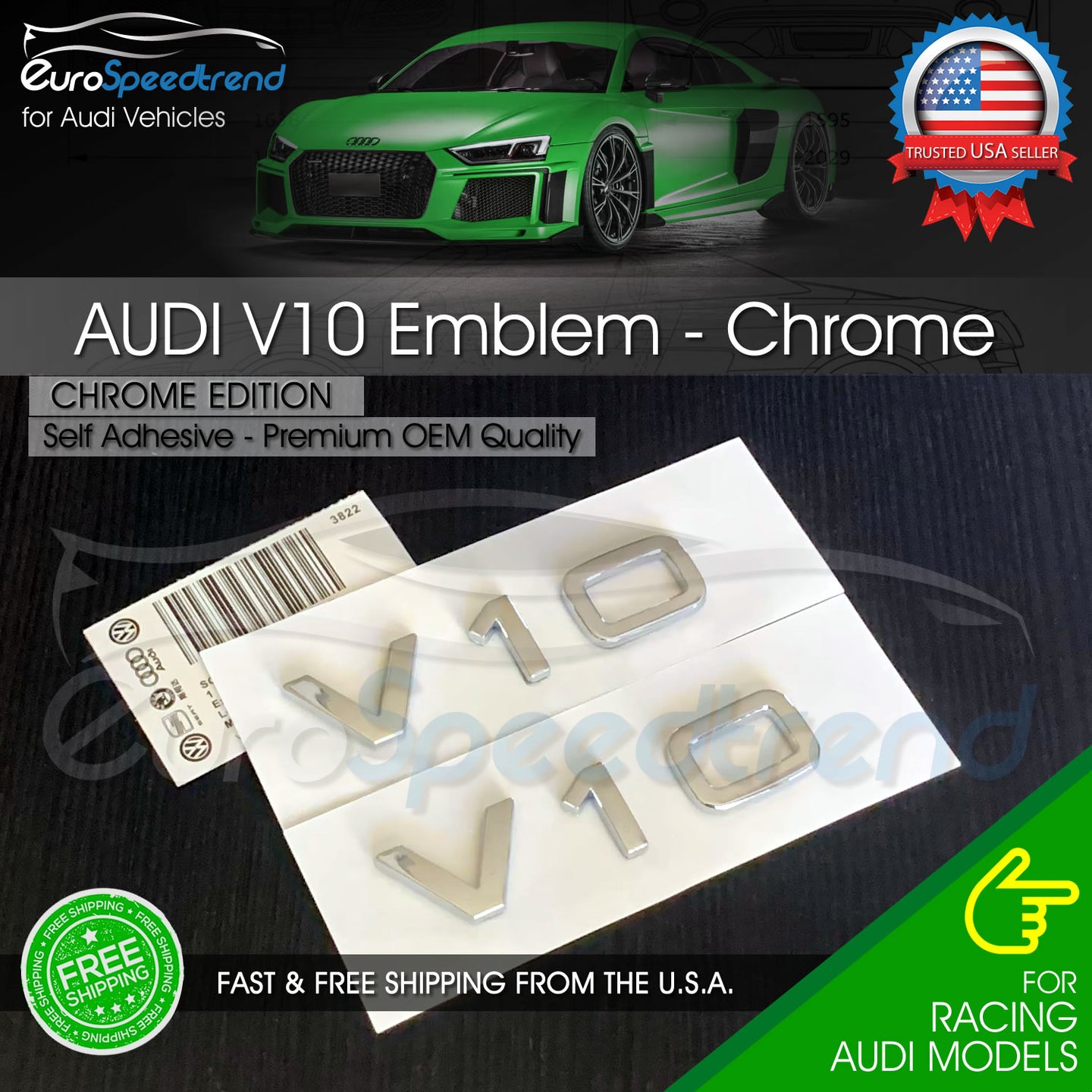 Audi V10 Emblem Chrome OEM Side Fender Badge A4 A5 A6 A7 S6 Q3 Q5 Q7 TT 2x