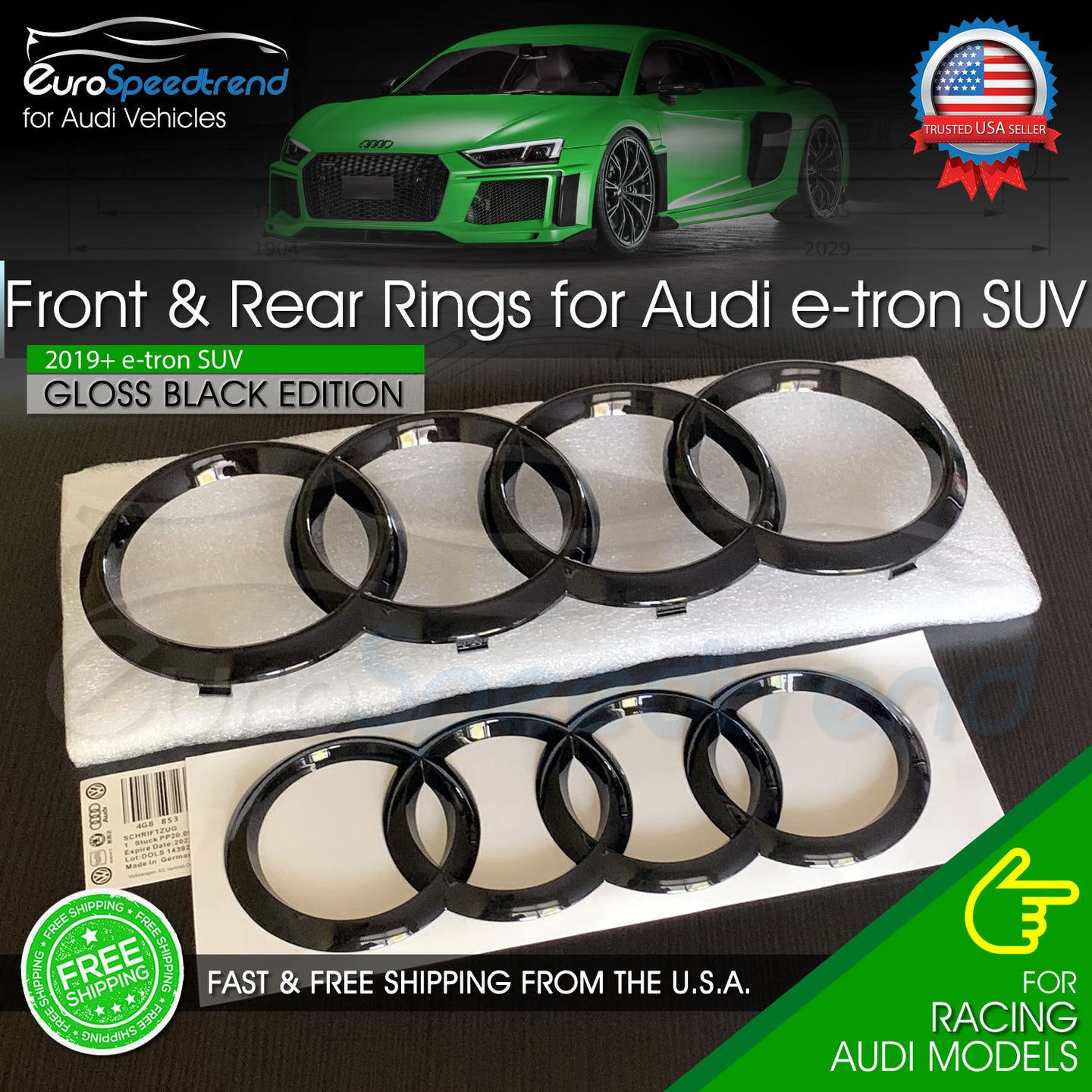 Audi etron Ring Front Grille & Rear E-TRON SUV Trunk Gloss Black Emblem Badge OE