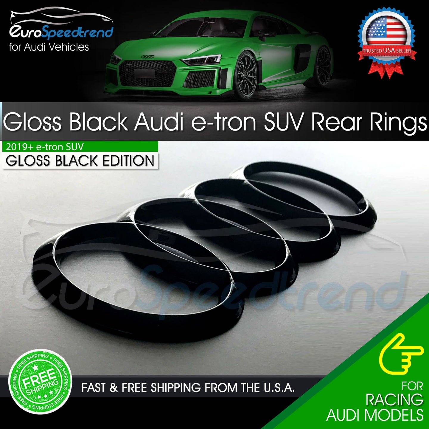 Audi etron Rear Rings Gloss Black Emblem for E-TRON SUV Trunk Lid Badge OEM Logo