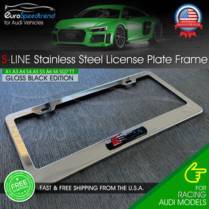 Audi Chrome License Plate Frame Gloss Black S-Line Emblem Stainless Steel 3D