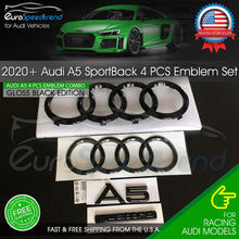 Load image into Gallery viewer, 2020 Audi A5 Sportback Front Rear Curve Rings Emblem Gloss Black Quattro 4PC Set
