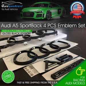 Audi A5 Sportback Front Rear Curve Ring Emblem Gloss Black Quattro Badge 4PC Set
