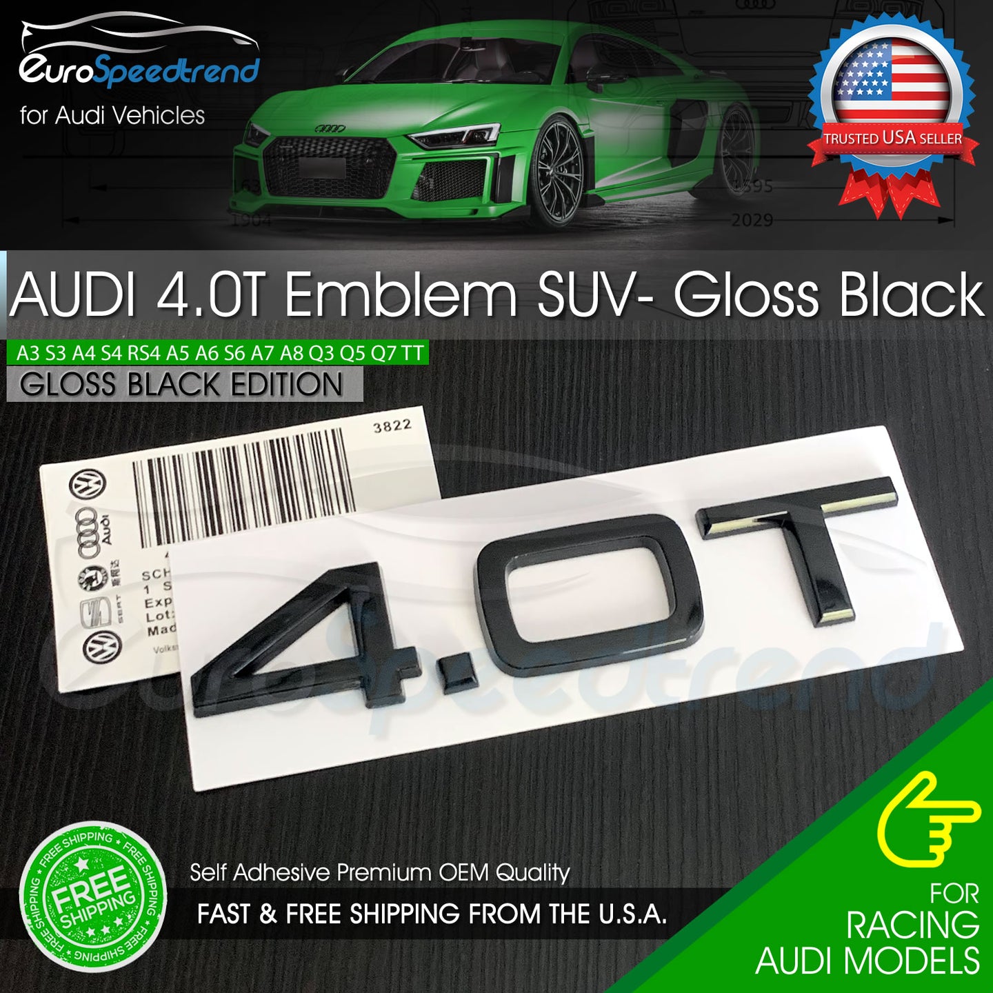 4.0T Emblem Gloss Black 3D Badge Trunk for Audi Nameplate OEM SUV Q5 Q7 S Line