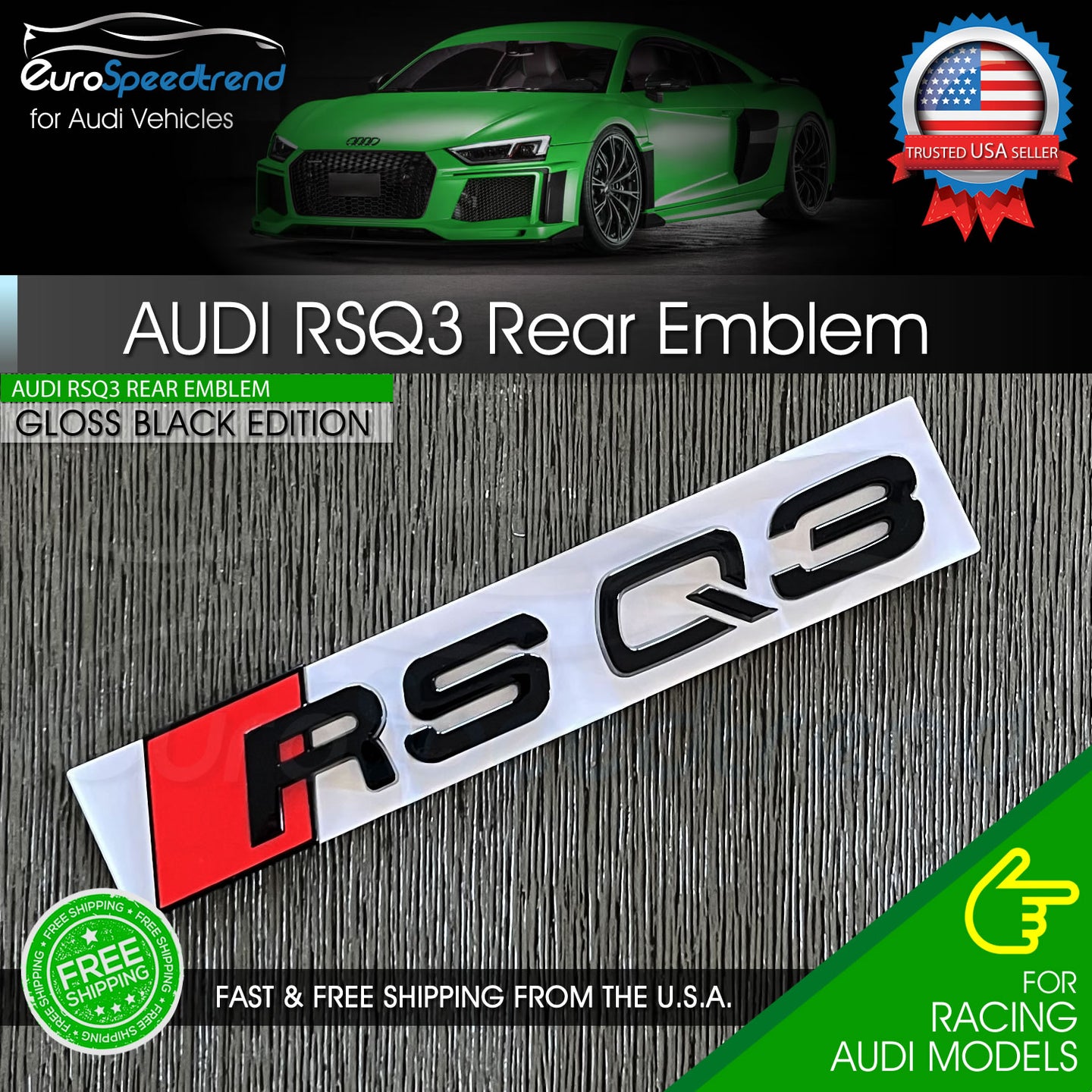 Audi RSQ3 Gloss Black Emblem 3D Trunk Logo Badge Rear Tailgate OEM Nameplate SQ3
