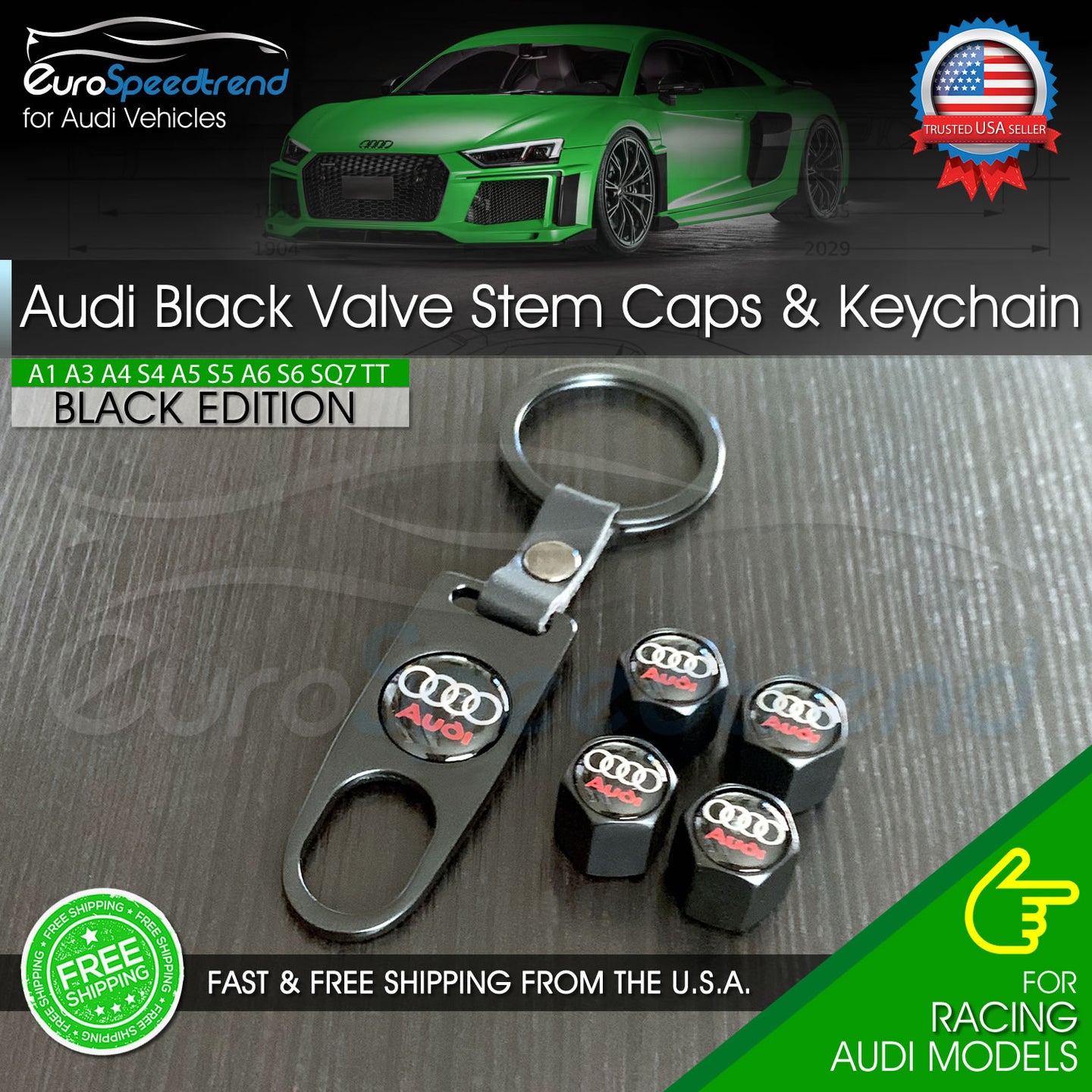 Audi Valve Stem Caps and Keychain Black Emblem Wheel Tire Cap A3 A4 A5 A6 Q5 Q7
