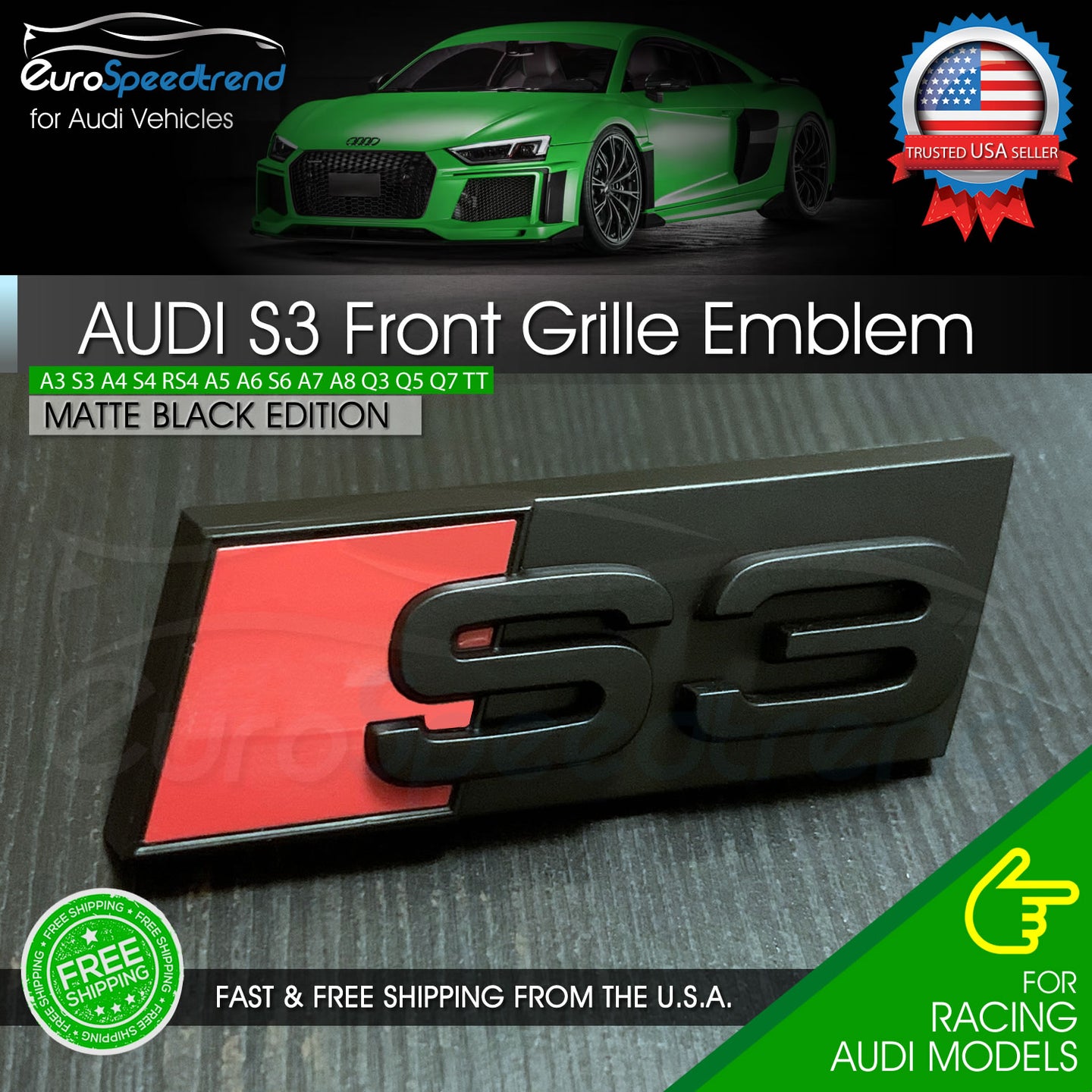 Audi S3 Front Matte Black Grill Emblem for A3 S3 Hood Grille Badge Nameplate OE
