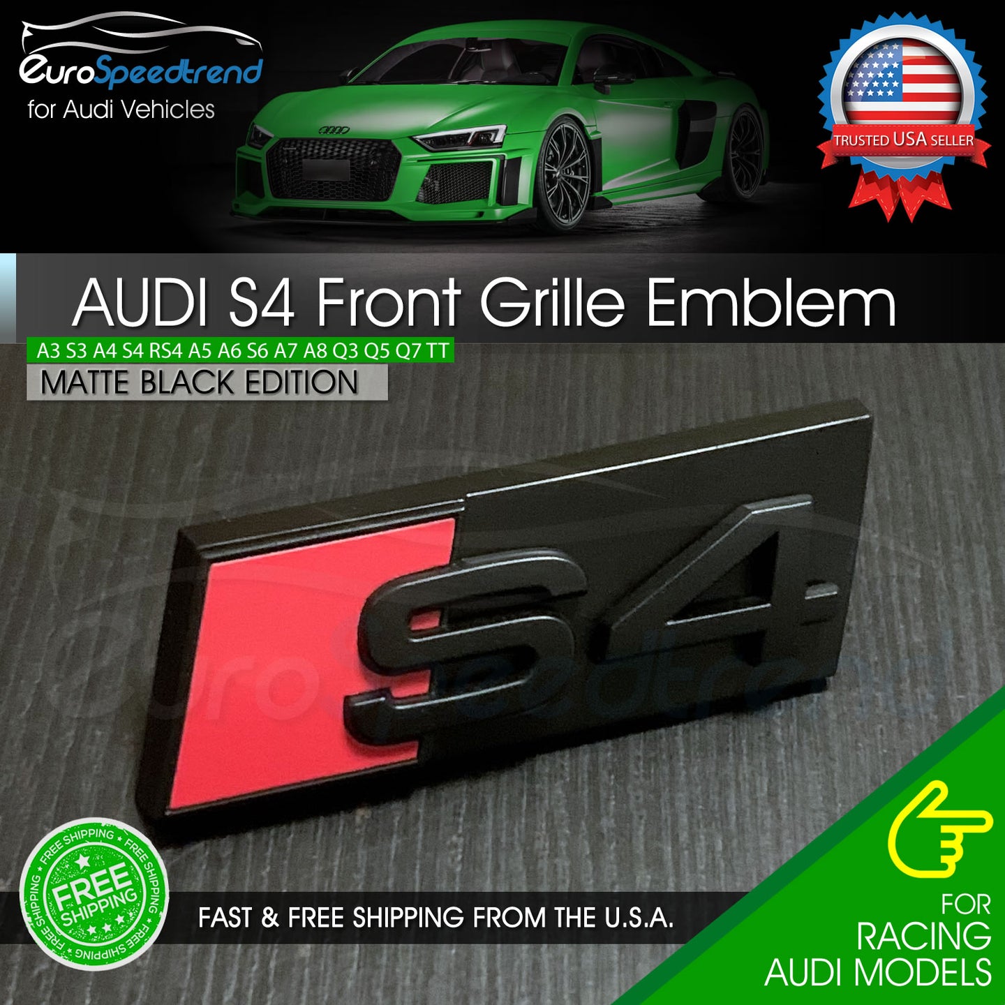 Audi Matte Black S4 Front Grill Emblem for A4 S4 B8 B9 Hood Grille Badge OE
