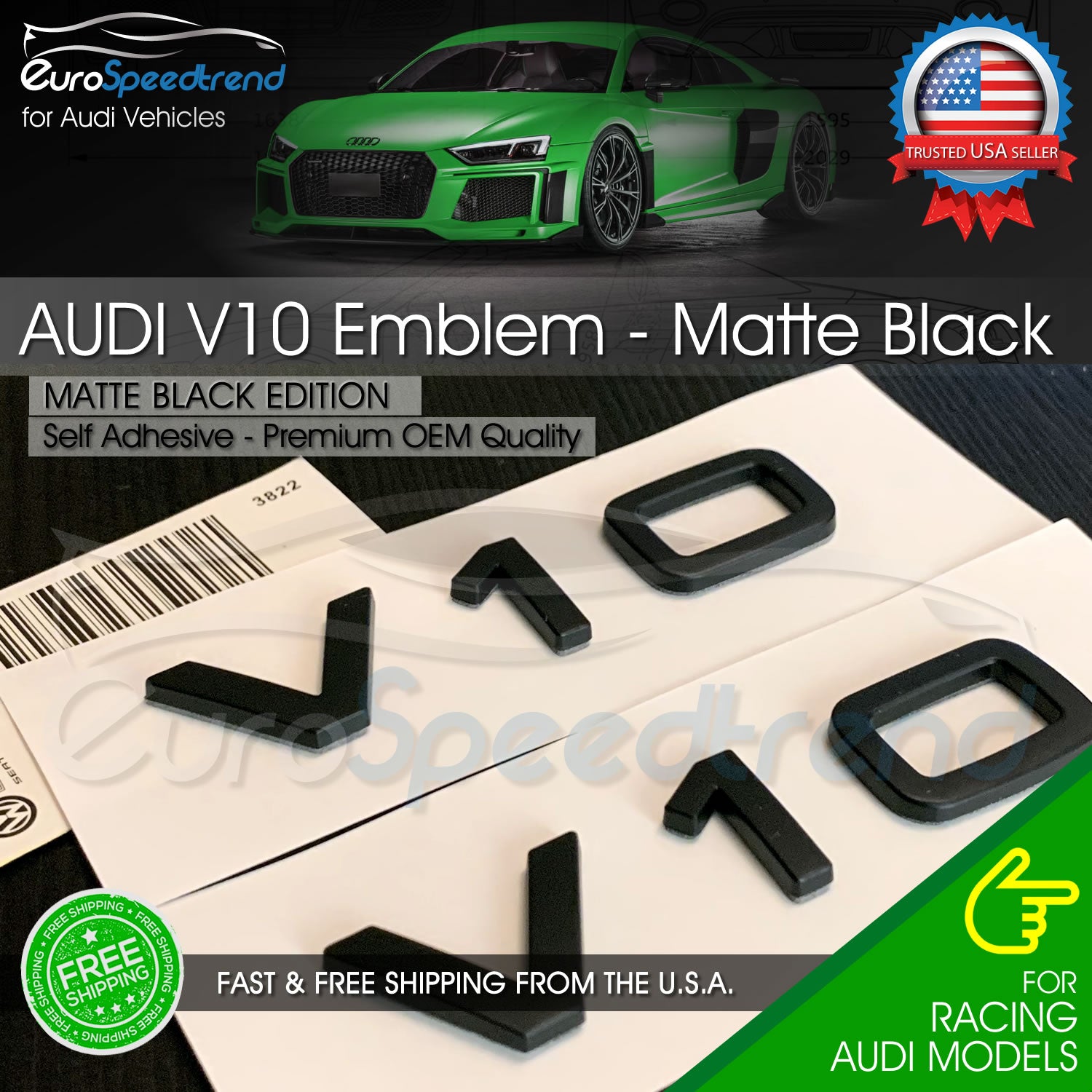 Audi V10 Emblem Matte Black Side Fender Badge A4 A5 A6 A7 S6 Q3 Q5 Q7