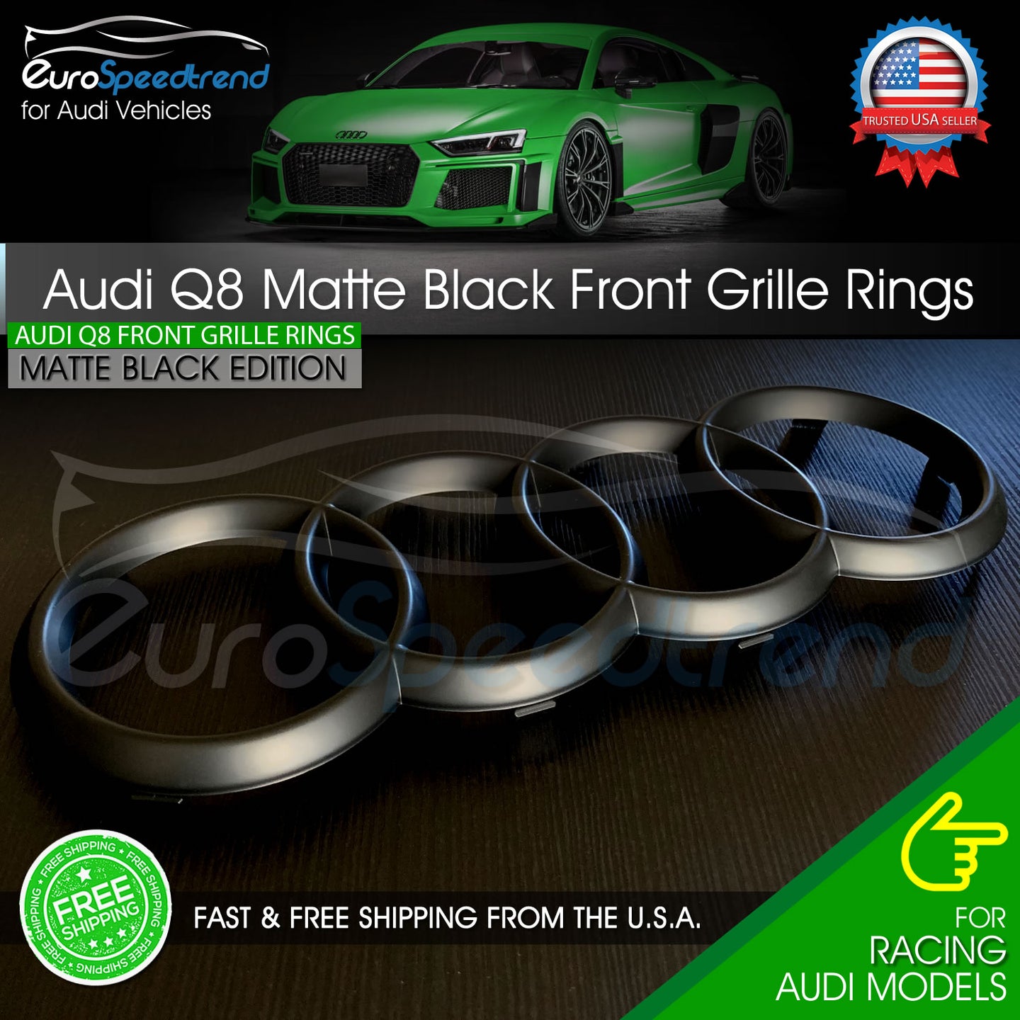 Audi Q8 Front Grille Rings Emblem Matte Black Logo Badge OEM SQ8 2019 - 2023