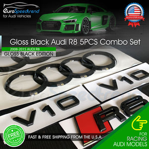 Audi R8 Rings Emblem Gloss Black Side V10 Logo Badge Set OE 5PC 2008-2015