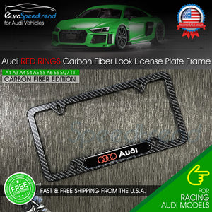 Audi Carbon Fiber Look License Plate Frame Front Rear 3D Red Ring Emblem Cover