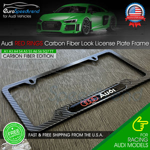 Audi Carbon Fiber Look License Plate Frame Front Rear 3D Red Ring Emblem Cover