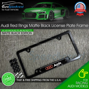 Audi Matte Black License Plate Frame Front or Rear 3D Red Ring Emblem Cover