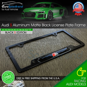 Aud S Sport License Plate Frame Matte Black Logo Front or Rear 3D Emblem Cover