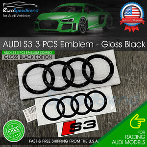 2022 Audi S3 Front Rear Rings Emblem Gloss Black Trunk Logo Badge Combo Set 3PCS