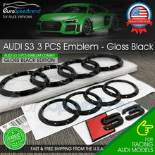 Load image into Gallery viewer, 2022 Audi S3 Front Rear Rings Emblem Gloss Black Trunk Logo Badge Combo Set 3PCS
