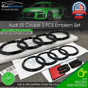 Audi S5 COUPE Front Rear Rings 2008-2019 Emblem Gloss Black Logo Badge Combo Set