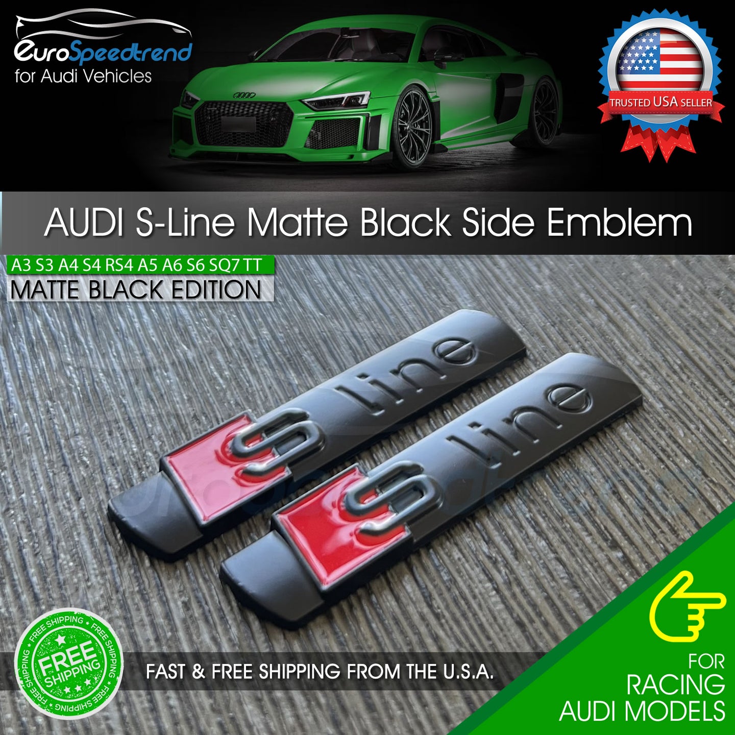 2x Audi S-Line Matte Black Badge Emblem 3D A3 A4 A5 A6 A7 Q5 TT Side Fender OE