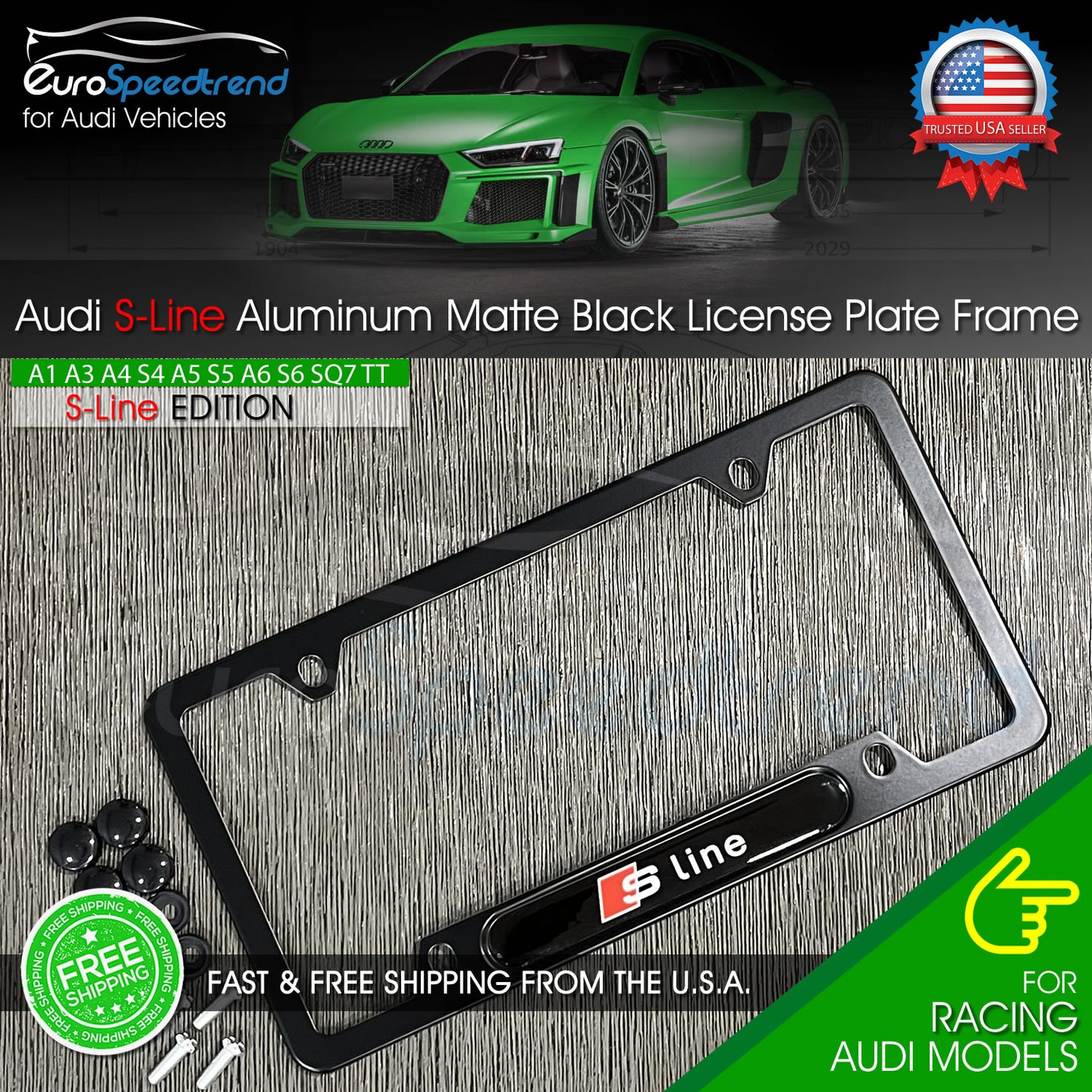 Aud S-Line License Plate Frame Matte Black Logo Front or Rear 3D Emblem Cover