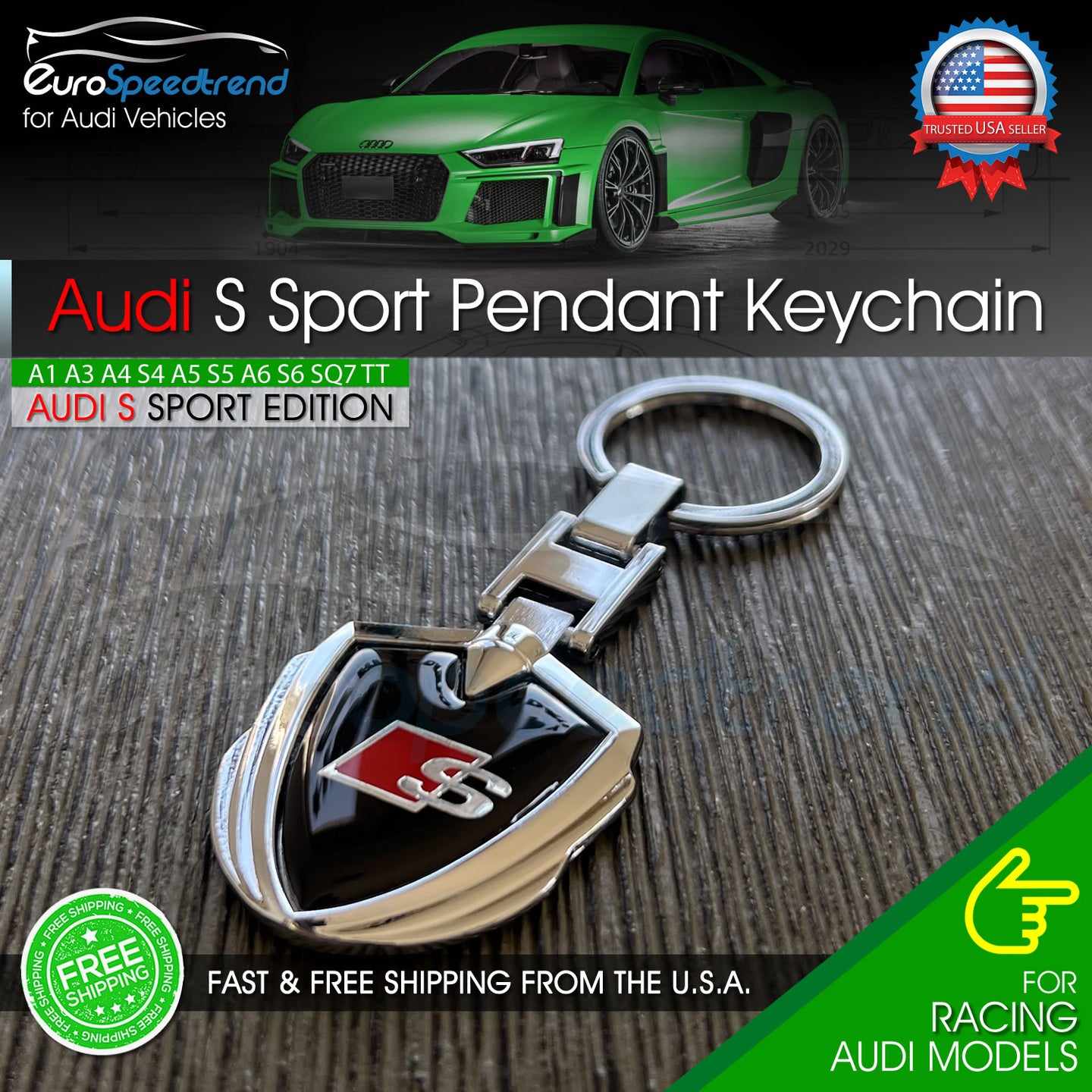 Audi S Sport Black Pendant Keychain Emblem Key Ring Alloy A3 A4 A5 A6 A7 S4 S5