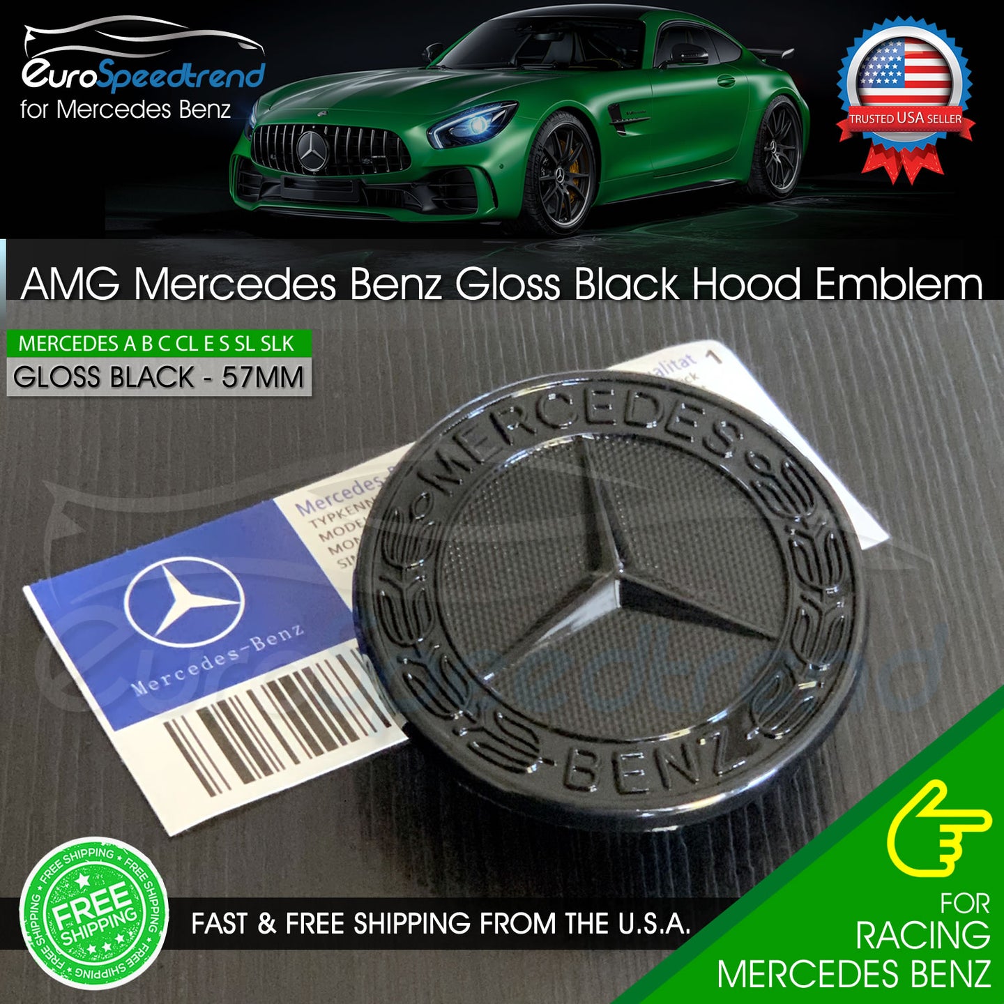 AMG Hood Emblem Gloss Black Front Flat Laurel Wreath Badge Mercedes Benz 57mm OE