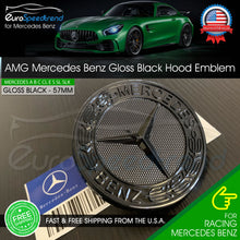 Load image into Gallery viewer, AMG Hood Emblem Gloss Black Front Flat Laurel Wreath Badge Mercedes Benz 57mm OE
