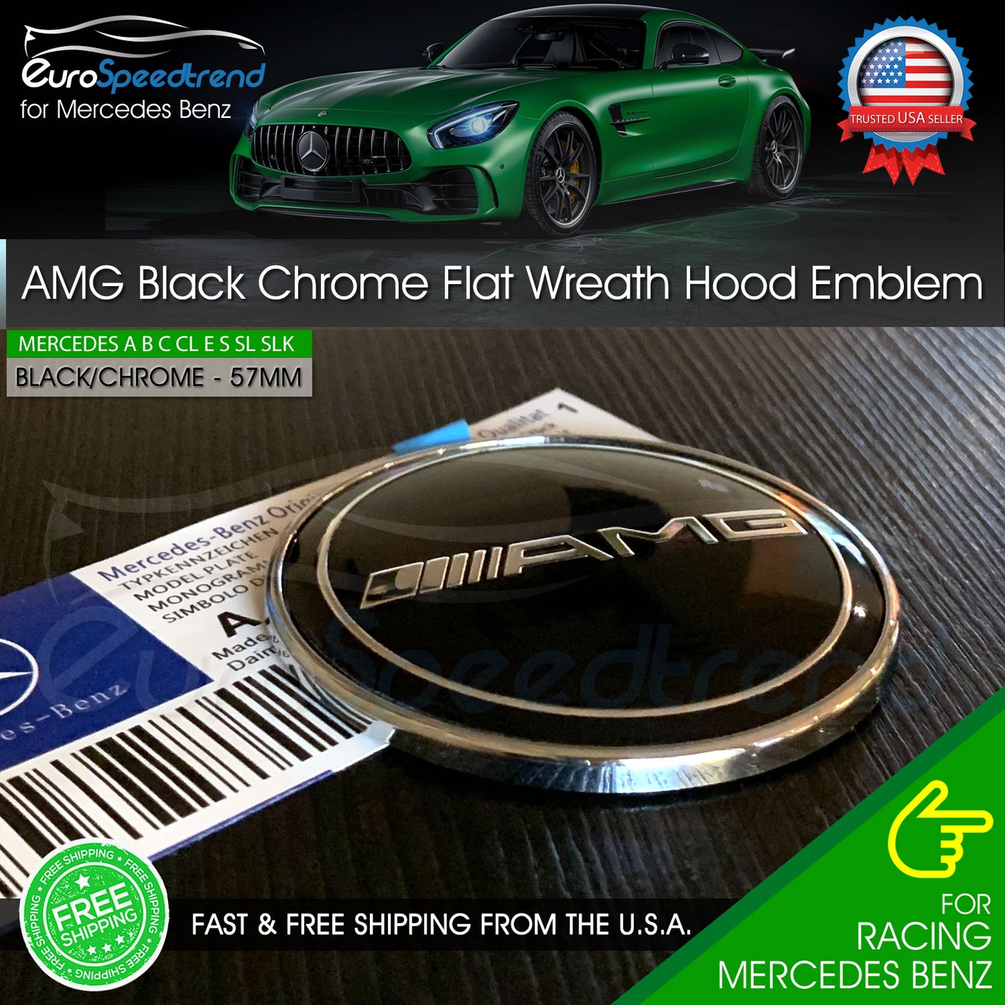 Universal AMG Black Hood Emblem Mercedes Benz Laurel 57mm Front Adhesive Badge