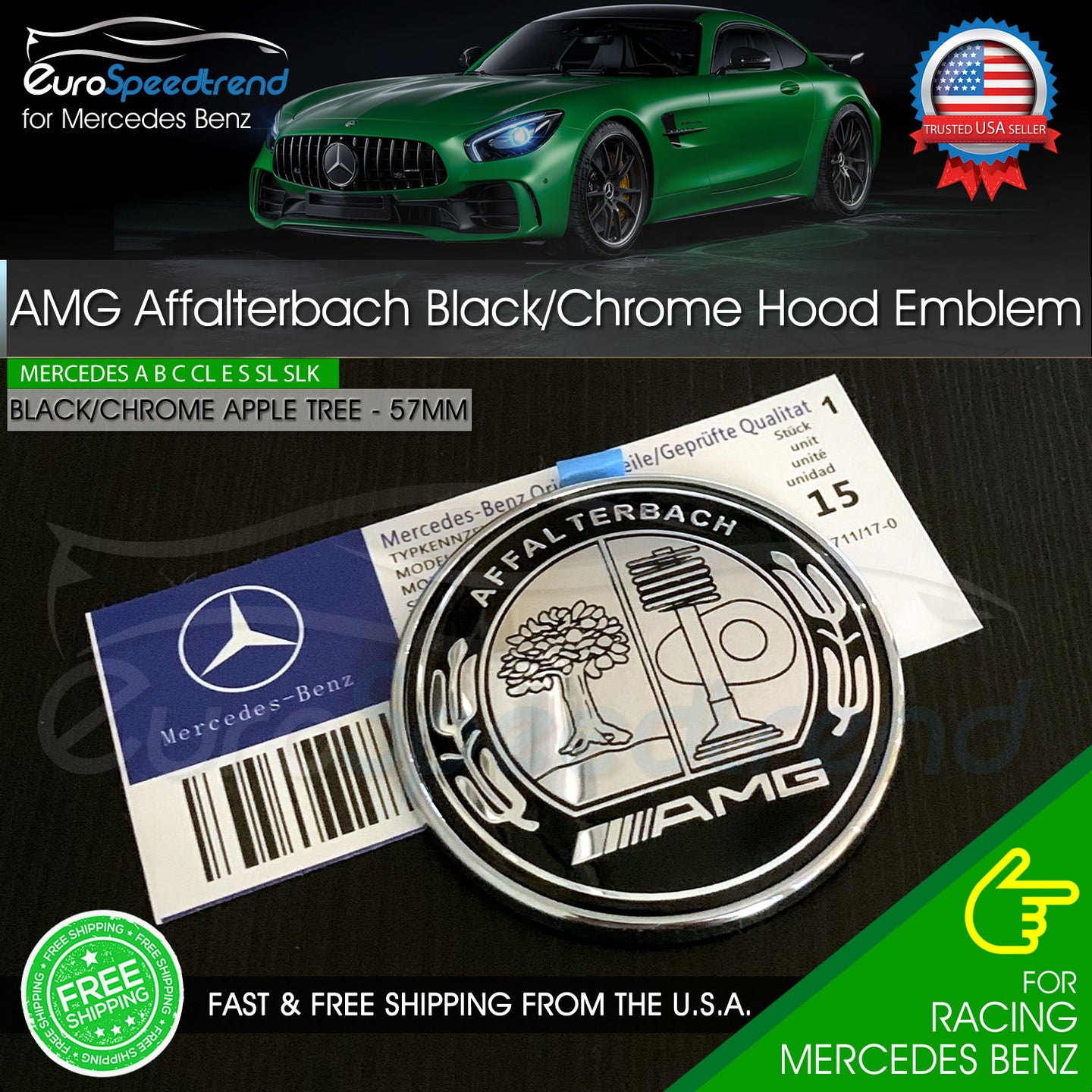 AMG Hood Emblem Affalterbach Black Chrome Apple Tree Mercedes Benz 57mm Front OE