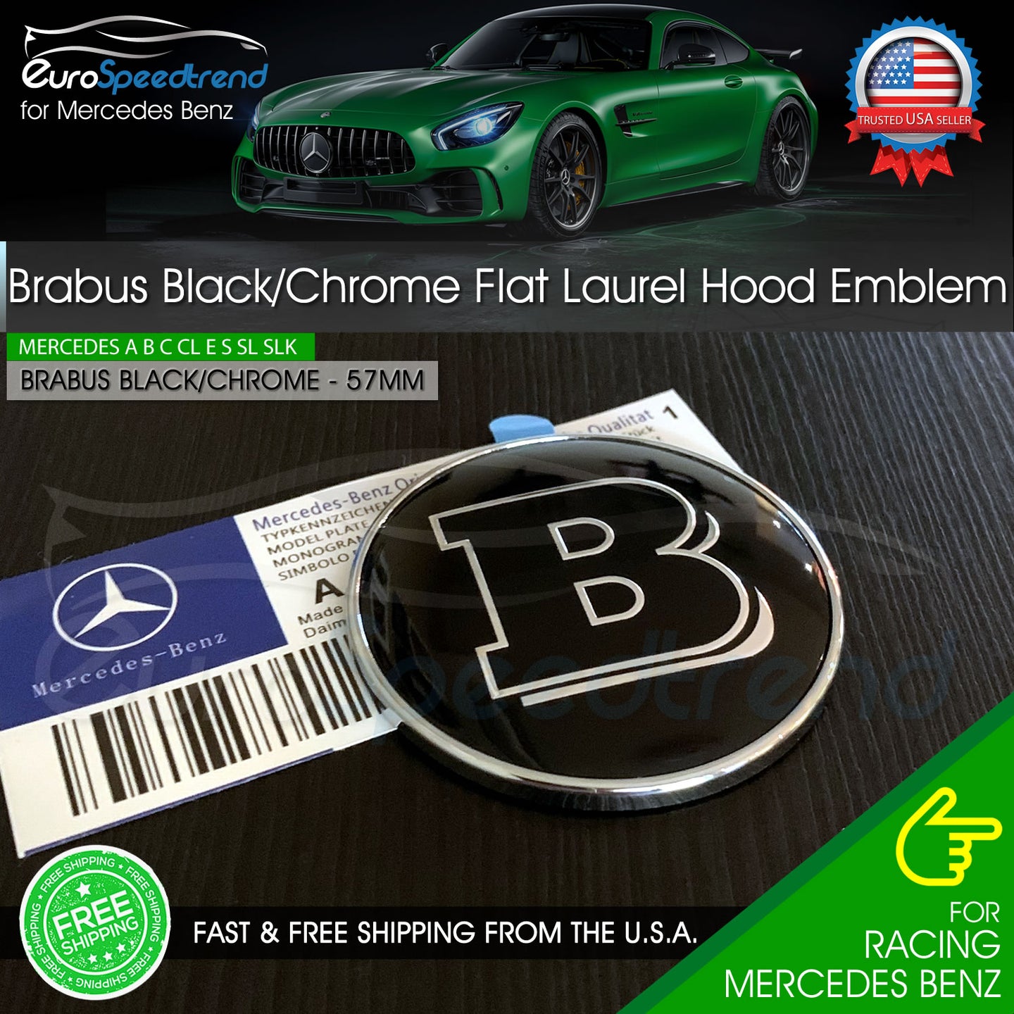 Brabus Black Flat Hood Emblem Chrome 3D Laurel Wreath Mercedes Benz 57mm Front