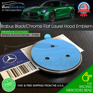 Brabus Black Flat Hood Emblem Chrome 3D Laurel Wreath Mercedes Benz 57mm Front