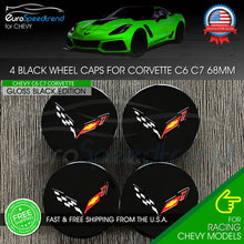Load image into Gallery viewer, Corvette Wheel Center Caps Gloss Black C7 C6 Cross Flag Set 68mm 23217059 OE 2.7
