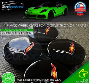 Corvette Wheel Center Caps Gloss Black C7 C6 Cross Flag Set 68mm 23217059 OE 2.7