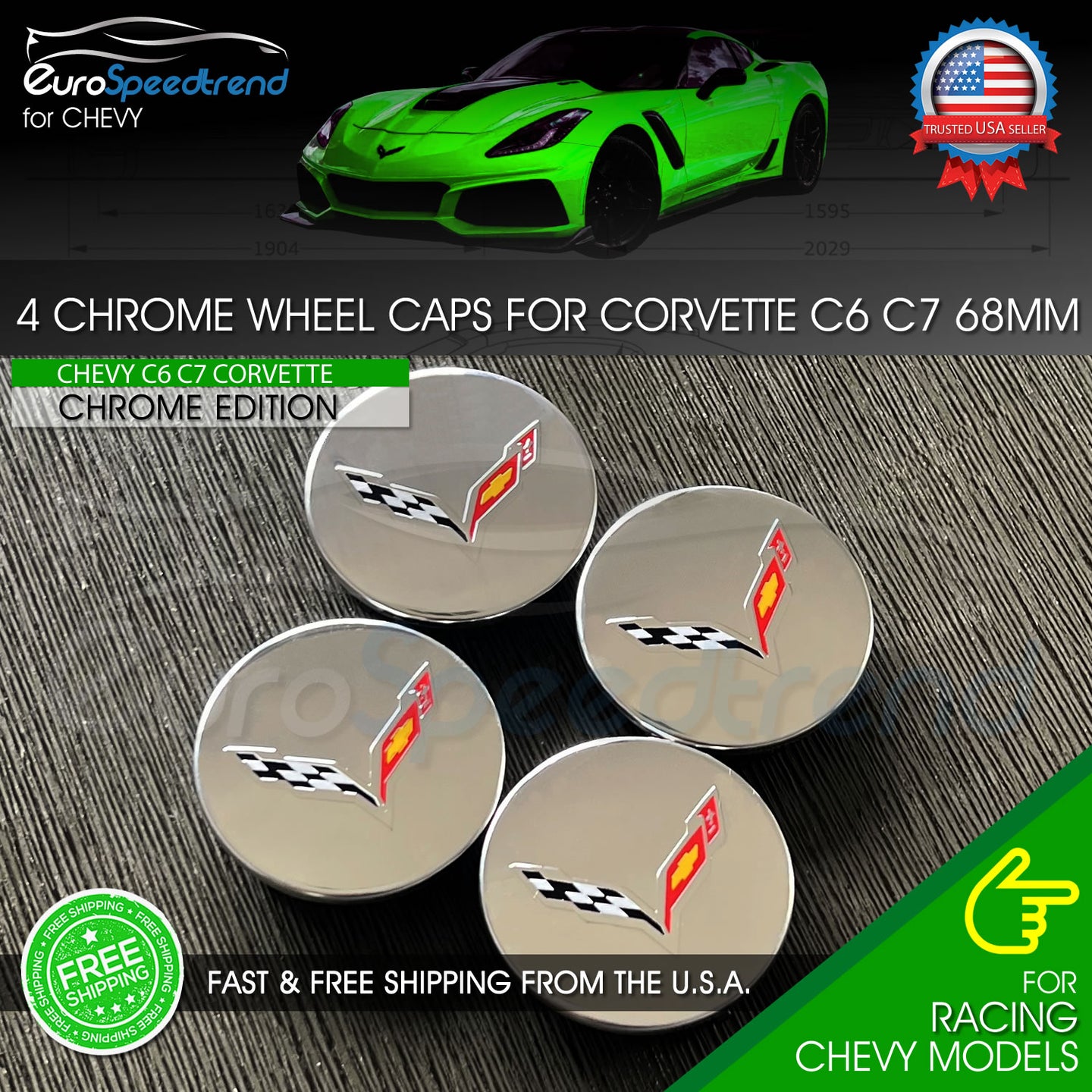 4 Chrome Wheel Center Caps for Corvette C7 Cross Flag Set 68mm 2.7