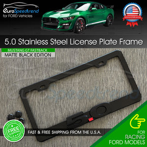 Black 5.0 Matte Black License Plate Frame Logo Front or Rear 3D Cover Mustang GT